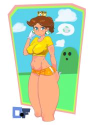 Rule 34 | blue eyes, brown hair, cameltoe, cloud, cloudy sky, crown, earrings, gloves, highres, jewelry, lips, lipstick, long legs, makeup, mario (series), midriff, nintendo, princess daisy, shiny clothes, sky, smile, super mario land, tan, tank top, thighs, wide hips