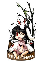 Rule 34 | 1girl, animal, animal ears, animal on head, bamboo, barefoot, black hair, rabbit, rabbit ears, rabbit on head, carrot, carrot necklace, chibi, dress, female focus, full body, highres, inaba tewi, jewelry, necklace, on head, one eye closed, open mouth, pendant, pink dress, red eyes, short hair, sitting, socha, solo, touhou, transparent background, wink