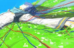 Rule 34 | 1boy, blue eyes, blue hair, blue scarf, blue sky, cable, coat, commentary, english commentary, expressionless, field, flower, flower field, from side, highres, kaito (vocaloid), long sleeves, looking up, lying, male focus, mnkurooo, on back, on grass, outstretched arms, parted lips, profile, scarf, short hair, sky, solo, spread arms, upper body, vocaloid, white coat, white flower
