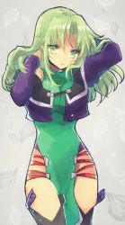 Rule 34 | 1girl, arms up, boots, breasts, dress, green eyes, green hair, impossible clothes, impossible dress, jacket, lamia loveless, large breasts, long hair, looking at viewer, nunuko (mu661129), solo, super robot wars, super robot wars advance, super robot wars advance portable, super robot wars original generation, thigh boots, thighhighs
