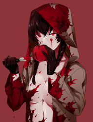 Rule 34 | 1girl, apple, areola slip, arizuka (catacombe), blood, blood splatter, braid, breasts, brown hair, food, fruit, gloves, hair over shoulder, highres, hood, jacket, knife, large breasts, no bra, open clothes, open jacket, original, red eyes, solo, twin braids