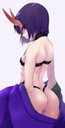Rule 34 | 1girl, absurdres, ass, back, bob cut, closed mouth, fate/grand order, fate (series), female focus, haiiro gundan, highres, horns, looking at viewer, looking back, oni, purple eyes, purple hair, revealing clothes, short hair, shuten douji (fate), simple background, skin-covered horns, smile, solo