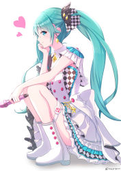 Rule 34 | 1girl, absurdres, ankle boots, aqua eyes, aqua hair, back bow, bare arms, boots, bow, brooch, checkered bow, checkered clothes, checkered dress, detached collar, dress, earrings, epaulettes, frilled dress, frills, full body, glint, hair bow, hatsune miku, head rest, heart, highres, holding, holding microphone, idol, idol clothes, itogari, jewelry, kneeling, layered dress, long hair, microphone, more more jump! miku, profile, project sekai, sideways glance, silver trim, simple background, smile, solo, sparkle earrings, sparkle hair ornament, star brooch, thigh strap, twintails, vocaloid, white background, white bow, white dress, white footwear, wing collar