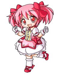 Rule 34 | 10s, 1girl, :d, bad id, bad pixiv id, blush, bow, brooch, chibi, dress, gem, gloves, hair bow, jewelry, kaname madoka, kneehighs, leg up, looking at viewer, magical girl, mahou shoujo madoka magica, mahou shoujo madoka magica (anime), open mouth, pink dress, pink eyes, pink hair, puffy short sleeves, puffy sleeves, red bow, red eyes, shinjitsu, short sleeves, short twintails, smile, socks, solo, standing, standing on one leg, tareme, twintails, white background, white socks