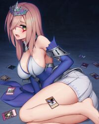 Rule 34 | 1girl, agido the ancient sentinel, armpits, bare legs, blue dress, blush, breasts, brown hair, called by the grave, card, cleavage, collar, cosplay, cosplay girl (rotix), d.d. crow, detached sleeves, dimension shifter, dimensional fissure, dress, duel monster, glasses, green eyes, highres, large breasts, lock, long hair, long sleeves, looking at viewer, lying, metal collar, miniskirt, open mouth, original, red-framed eyewear, rotix, semi-rimless eyewear, sideboob, skirt, solo, strap, tearlaments havnis, tearlaments havnis (cosplay), there can be only one, tiara, very long sleeves, white skirt, yu-gi-oh!