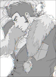 Rule 34 | 1boy, bara, beard, body hair, chest hair, facial hair, from side, greyscale, hairy, highres, large pectorals, long sideburns, magatama, magatama necklace, male focus, mature male, monochrome, multicolored hair, muscular, muscular male, necklace, partially unbuttoned, pectoral cleavage, pectorals, short hair, sideburns, solo, streaked hair, stubble, thick eyebrows, tokyo houkago summoners, upper body, yamasachihiko (housamo), yon yon (shikawafu)