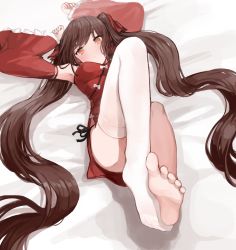 Rule 34 | 1girl, absurdres, armpits, barefoot, blanket, blush, brown eyes, brown hair, china dress, chinese clothes, dress, girls&#039; frontline, hair ornament, hair ribbon, highres, leg up, long hair, looking at viewer, no shoes, official alternate costume, red dress, ribbon, seorang, simple background, single thighhigh, soles, solo, thighhighs, type 97 (girls&#039; frontline), type 97 (peony) (girls&#039; frontline), white thighhighs