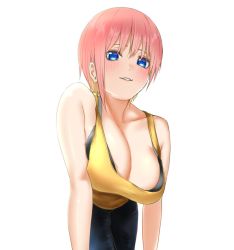 Rule 34 | 1girl, bare arms, bare shoulders, black bra, blue eyes, blush, bra, breasts, cleavage, earrings, foreshortening, go-toubun no hanayome, highres, jewelry, large breasts, leaning forward, looking at viewer, mitsugu, nakano ichika, pants, parted lips, pink hair, short hair, simple background, solo, stud earrings, tank top, underwear, white background