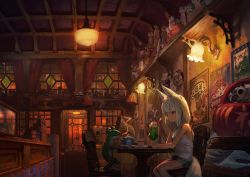 Rule 34 | 1girl, animal, animal ear fluff, animal ears, bare shoulders, black eyes, cash register, ceiling light, chair, cherry, cigarette, closed mouth, commentary request, cup, curtains, cuts, daruma doll, drinking glass, food, fox ears, fox girl, fox tail, frog, fruit, grey shorts, highres, ice cream, ice cream float, indoors, injury, mouth hold, on chair, original, phonograph, rias-coast, saucer, short shorts, shorts, sitting, smoke, smoking, solo, table, tail, tank top, wall lamp, white hair, white tank top