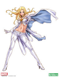 Rule 34 | 10s, 1girl, bare shoulders, blonde hair, blue eyes, boots, cape, choker, copyright name, corset, crop top, elbow gloves, emma frost, fighting stance, foreshortening, full body, gloves, high heel boots, high heels, highres, hip focus, lipstick, long hair, looking at viewer, lowleg, makeup, marvel, midriff, navel, no bra, outstretched arm, outstretched hand, pants, shoes, simple background, skin tight, smile, solo, spread legs, standing, superhero costume, thigh boots, thighhighs, white thighhighs, wide hips, wind, x-men, yamashita shun&#039;ya