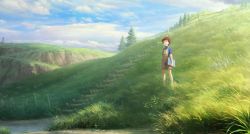 Rule 34 | 10s, 1girl, anna (omoide no marnie), bad id, bad pixiv id, blue sky, brown hair, cloud, day, female focus, fence, flower, grass, hill, looking afar, nababa, nature, omoide no marnie, outdoors, overalls, river, scenery, short hair, sketchbook, sky, solo, stairs, standing, tree, turtleneck, very wide shot, water, wooden fence