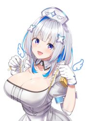 Rule 34 | 1girl, absurdres, alternate breast size, amane kanata, amane kanata (nurse), angel wings, blue hair, breast lift, breasts, cleavage, colored inner hair, detached collar, frills, gloves, grey hair, hat, highres, hololive, huge breasts, looking at viewer, multicolored hair, nurse, nurse cap, open mouth, puffy short sleeves, puffy sleeves, shinomu (cinomoon), short hair, short sleeves, simple background, smile, solo, tape measure, virtual youtuber, white background, wings