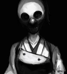 Rule 34 | 10s, 1girl, black background, commentary request, creepy, ergot, greyscale, horror (theme), japanese clothes, kaga (kancolle), kantai collection, kimono, looking at viewer, mask, monochrome, muneate, payday (series), simple background, upper body, wolf (payday)