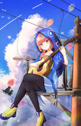 Rule 34 | 1girl, balloon, bird, black pantyhose, blue capelet, blue eyes, blue shirt, blue sky, blunt bangs, blush, capelet, closed mouth, collarbone, commentary request, crow, day, full body, guitar, highres, holding, holding instrument, hood, hood up, hooded capelet, humany, instrument, kaf (kamitsubaki studio), kamitsubaki studio, light smile, looking away, medium hair, multicolored eyes, multicolored footwear, outdoors, pantyhose, pink hair, power lines, purple footwear, red pupils, resolution mismatch, shirt, sitting, sky, solo, source larger, utility pole, virtual youtuber, yellow footwear, yellow pupils