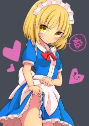 Rule 34 | 1girl, absurdres, apron, blonde hair, blue dress, blush, bow, bowtie, breasts, bright pupils, brown eyes, closed mouth, clothes lift, cowboy shot, dress, dress lift, grey background, groin, heart, highres, inon, lifted by self, looking at viewer, maid headdress, mugetsu (touhou), multicolored eyes, no panties, red bow, red bowtie, short sleeves, simple background, small breasts, smiley face, solo, speech bubble, spoken squiggle, squiggle, standing, sweatdrop, touhou, upskirt, v-shaped eyebrows, waist apron, white apron, yellow eyes