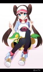 Rule 34 | 1girl, a.a (aa772), bad id, bad pixiv id, black pantyhose, blue eyes, blue footwear, boots, breasts, brown hair, closed eyes, closed mouth, commentary request, creatures (company), double bun, fingernails, full body, game freak, gen 5 pokemon, hair between eyes, hair bun, hands up, highres, long hair, looking at viewer, nintendo, pantyhose, pleated skirt, pokemon, pokemon (creature), pokemon bw2, rosa (pokemon), shirt, sitting, skirt, small breasts, snivy, sweat, twintails, twitter username, very long hair, visor cap, white background, white headwear, white shirt, yellow skirt