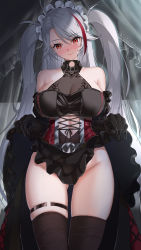 Rule 34 | 1girl, azur lane, black dress, black gloves, black thighhighs, blush, breasts, cleavage, closed mouth, clothes lift, commentary request, dress, dress lift, elbow gloves, gloves, gluteal fold, grey hair, highres, large breasts, long sleeves, looking at viewer, maid headdress, marumai, multicolored hair, official alternate costume, prinz eugen (azur lane), prinz eugen (kindred evening spirits) (azur lane), red eyes, red hair, smile, solo, streaked hair, thigh strap, thighhighs, thighs, white headwear