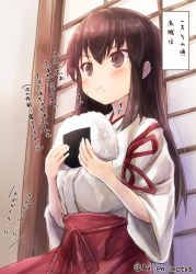 Rule 34 | &gt;:t, 10s, 1girl, :t, akagi (kancolle), blush, brown eyes, brown hair, closed mouth, commentary request, cowboy shot, eating, food, food on face, from below, hakama, hakama skirt, holding, holding food, japanese clothes, kantai collection, kimono, long hair, looking afar, one-hour drawing challenge, onigiri, red hakama, red ribbon, ribbon, sidelocks, sitting, skirt, sliding doors, solo, straight hair, suien, tasuki, text focus, translation request, tsurime, twitter username, v-shaped eyebrows, very long hair, white kimono