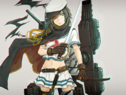 Rule 34 | 10s, 1girl, brown gloves, cape, closed mouth, cowboy shot, cutlass, eyepatch, gloves, green eyes, green hair, grey background, groin, hat, head tilt, holding, holding sword, holding weapon, kantai collection, kiso (kancolle), machinery, matching hair/eyes, midriff, navel, neckerchief, peaked cap, pleated skirt, sailor collar, sheath, simple background, skirt, solo, sword, takasugi yasu, weapon, white hat, white skirt