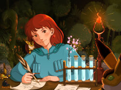 Rule 34 | 1girl, animal, animal on shoulder, blue shirt, brown eyes, brown hair, commentary, earrings, emily 1iang, english commentary, feathers, fire, flower, highres, holding, holding feather, inkwell, jewelry, kaze no tani no nausicaa, looking at object, medium hair, nausicaa, night, outdoors, pink flower, plant, shirt, smile, studio ghibli, table, test tube, tree, writing
