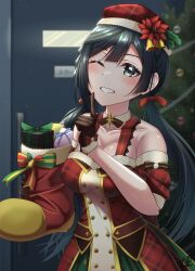 Rule 34 | 1girl, absurdres, black eyes, black hair, blush, boots, box, braid, breasts, bright09, christmas, christmas tree, cleavage, collarbone, commentary, french braid, gift, gift box, gloves, hat, highres, holding, holding boots, holding clothes, holding footwear, long hair, looking at viewer, love live!, love live! nijigasaki high school idol club, low twintails, medium breasts, one eye closed, santa boots, santa costume, sidelocks, signature, smile, solo, twintails, upper body, yuki setsuna (love live!)
