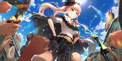 Rule 34 | 1girl, arm up, belt, black gloves, black headwear, blonde hair, blue sky, bottle, bow, bowtie, building, character request, clenched hands, dutch angle, fedora, from below, game cg, gloves, grin, hands on own hips, hat, high ponytail, highres, jacket, jacket on shoulders, kouya no kotobuki hikoutai, long hair, mini hat, non-web source, official art, outdoors, pants, purple eyes, shirt, short sleeves, shorts, sidelocks, sky, smile, solo focus, striped clothes, striped jacket, striped pants, striped shirt, sun, sunlight, vertical-striped clothes, vertical-striped jacket, vertical-striped pants, vertical-striped shirt, white shirt