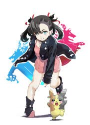 Rule 34 | 1girl, absurdres, ankle boots, asymmetrical bangs, black choker, black footwear, black hair, black jacket, black nails, boots, choker, clenched teeth, commentary request, creatures (company), dress, eyelashes, game freak, gen 8 pokemon, green eyes, hair ribbon, highres, jacket, kun (user tmwh7453), leaning forward, looking at viewer, marnie (pokemon), morpeko, morpeko (full), nail polish, nintendo, open clothes, open jacket, pink dress, pokemon, pokemon (creature), pokemon swsh, red ribbon, ribbon, teeth, twintails