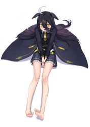 Rule 34 | 1girl, absurdres, ahoge, animal ears, bare legs, barefoot, between legs, black coat, black hair, coat, hand between legs, highres, horse ears, horse girl, horse tail, legs, long coat, long hair, looking at viewer, manhattan cafe (umamusume), necktie, open clothes, open coat, open mouth, sitting, solo, tail, umamusume, yellow eyes, yellow necktie, z.boat