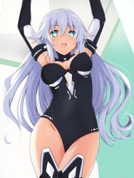 Rule 34 | black heart (neptunia), black thighhighs, bodysuit, boots, breasts, cleavage, clinging, green eyes, iwashi dorobou -r-, long hair, medium breasts, neptune (series), noire (neptunia), open mouth, power symbol-shaped pupils, symbol-shaped pupils, thighhighs, thighs, tsundere, very long hair, white hair