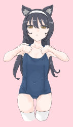 Rule 34 | 1girl, adjusting clothes, adjusting swimsuit, animal ears, black hair, blue one-piece swimsuit, brown eyes, cat ears, commentary, covered navel, cowboy shot, cropped legs, girls und panzer, gluteal fold, hairband, half-closed eyes, highres, long hair, looking at viewer, old school swimsuit, one-piece swimsuit, parted lips, pink background, reizei mako, school swimsuit, simple background, solo, standing, swimsuit, tarou.new, thighhighs, white hairband, white thighhighs
