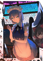 Rule 34 | 2girls, 38 (sanjuuhachi), absurdres, apron, ascot, black ribbon, blood, blue dress, bow, braid, bright pupils, brown hair, closed mouth, collared shirt, commentary, dress, frilled apron, frills, grey eyes, hair bow, hakurei reimu, hand up, highres, indoors, izayoi sakuya, long hair, looking at viewer, maid, maid apron, maid headdress, medium hair, multiple girls, neck ribbon, open mouth, red bow, ribbon, shirt, short sleeves, side braid, silver hair, single braid, smile, stained glass, sweat, sword, touhou, weapon, white apron, white pupils, white shirt, yellow ascot
