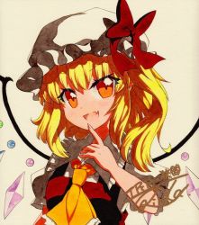 Rule 34 | 1girl, :d, ascot, bad id, bad pixiv id, blonde hair, bow, breasts, crystal, fang, finger to mouth, fingernails, flandre scarlet, frilled ascot, frilled shirt collar, frills, hat, hat bow, looking at viewer, medium hair, mob cap, open mouth, orange eyes, puffy short sleeves, puffy sleeves, qqqrinkappp, rainbow order, red bow, red vest, sharp fingernails, shikishi, shirt, short sleeves, side ponytail, signature, skin fang, small breasts, smile, solo, touhou, traditional media, upper body, v-shaped eyebrows, vest, white background, white hat, white shirt, wings, yellow ascot