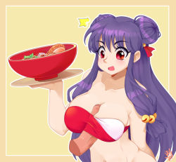 Rule 34 | 1girl, bandeau, bare shoulders, bell, bikini, blush, bowl, breasts, disembodied penis, double bun, embarrassed, food, hair bell, hair bun, hair ornament, hand up, holding, holding tray, large breasts, long hair, looking at viewer, nose blush, open mouth, paizuri, penis, purple hair, ranma 1/2, red eyes, shampoo (ranma 1/2), sidelocks, simple background, strapless, strapless bikini, swimsuit, tray, uncensored, upper body, weepinbelly, yellow background