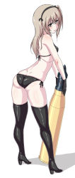 Rule 34 | 10s, 1girl, ass, bikini, black bikini, black footwear, black gloves, black ribbon, boots, breasts, brown eyes, butt crack, commentary request, girls und panzer, gloves, hair ribbon, high heel boots, high heels, highres, holding, leaning forward, light brown hair, long hair, looking at viewer, looking back, muchabou, parted lips, ribbon, shadow, shimada arisu, side-tie bikini bottom, side ponytail, simple background, small breasts, solo, standing, swimsuit, tank shell, thigh boots, thighhighs, white background