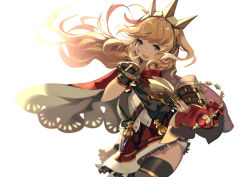 Rule 34 | 10s, 1girl, belt, black thighhighs, blonde hair, book, bright background, cagliostro (granblue fantasy), cape, granblue fantasy, hairband, hand on own face, holding, holding book, long hair, looking at viewer, open book, open mouth, purple eyes, red skirt, rhea (0u0), simple background, skirt, solo, teeth, thighhighs, tiara, vial, white background