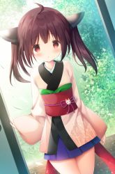 Rule 34 | 1girl, :o, ahoge, bad id, bad pixiv id, blue skirt, blush, brown eyes, brown hair, dutch angle, headgear, japanese clothes, kimono, long hair, long sleeves, looking at viewer, murano, obi, parted lips, pink kimono, pleated skirt, sash, skirt, sleeves past wrists, solo, touhoku kiritan, twintails, voiceroid, wide sleeves