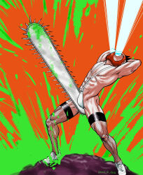 Rule 34 | 1boy, andou keishu, arms behind head, chainsaw, chainsaw man, fishnet thighhighs, fishnets, hentai kamen, highres, male focus, muscular, muscular male, object on head, panties, panties on head, panty mask, parody, pervert, shikijou kyousuke, shoes, slingshot swimsuit, sneakers, solo, swimsuit, thighhighs, underwear