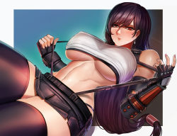 Rule 34 | 1girl, artist name, badcompzero, bare shoulders, black background, black hair, blue background, blush, border, breasts, commentary, covered erect nipples, cowboy shot, earrings, elbow gloves, english commentary, final fantasy, final fantasy vii, final fantasy vii remake, fingerless gloves, gloves, gradient background, highres, jewelry, large breasts, long hair, looking at viewer, microskirt, multicolored background, navel, open mouth, panties, red eyes, skirt, solo, square enix, suspender skirt, suspenders, teeth, thighhighs, tifa lockhart, toned, tongue, tongue out, underboob, underwear, watermark, white border