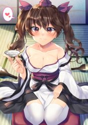 Rule 34 | 1girl, alcohol, alternate costume, bare shoulders, blush, bottle, breasts, brown eyes, brown hair, cleavage, collarbone, commentary request, cup, drunk, hair between eyes, hair ribbon, hand up, hat, heart, himekaidou hatate, holding, holding cup, index finger raised, indoors, japanese clothes, kaede (mmkeyy), kimono, kourindou tengu costume, long hair, long sleeves, looking at viewer, medium breasts, off shoulder, purple ribbon, ribbon, sakazuki, sake, seiza, shadow, sitting, smile, solo, spoken heart, sweat, tatami, thighhighs, thighs, tokin hat, touhou, twintails, white kimono, white thighhighs, wide sleeves