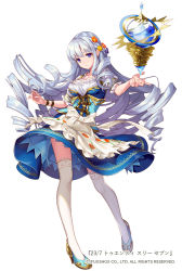 Rule 34 | 1girl, 23/7, blue dress, blue eyes, blue footwear, bow, breasts, dress, drill hair, flower, frills, full body, hair flower, hair ornament, medium breasts, ne-on, official art, outstretched hand, sidelocks, silver hair, simple background, solo, standing, thighhighs, twin drills, watermark, white background, white bow, white thighhighs