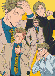 Rule 34 | 1boy, aged down, animal print, black shirt, blonde hair, blue shirt, brown jacket, brown pants, buttons, formal, glasses, hands in pocket, highres, jacket, jujutsu kaisen, leopard print, long sleeves, looking at viewer, male focus, mineco000, nanami kento, necktie, one eye closed, pants, school uniform, shirt, short hair, standing, suit, time paradox, white shirt, yellow background