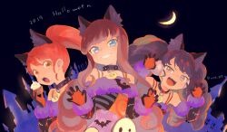 Rule 34 | 3girls, :d, animal ear fluff, bare shoulders, black collar, black gloves, black hair, blue eyes, brown hair, claw pose, collar, commentary request, cowboy shot, crescent, dress, eating, food, food on face, fur-trimmed dress, fur trim, gaaruru (pripara), gloves, halloween, halloween costume, hands up, headphones, holding, holding food, kurosu aroma, long hair, looking at viewer, machico maki, multiple girls, open mouth, ponytail, pretty series, pripara, red hair, shiratama mikan, sidelocks, smile, standing, twintails