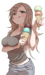 Rule 34 | 1girl, :q, absurdres, black camisole, blue pants, blush, breasts, brown eyes, brown hair, camisole, closed mouth, denim, double scoop, food, hair between eyes, hair ornament, hairclip, highres, holding, holding food, ice cream, ice cream cone, jeans, large breasts, long hair, looking at viewer, maki (soredemo ayumu wa yosetekuru), original, pants, simple background, smile, solo, tongue, tongue out, very long hair, white background, yamamoto souichirou