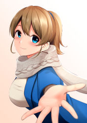 Rule 34 | 1girl, absurdres, alternate costume, blue coat, blue eyes, breasts, brown hair, casual, coat, highres, houki (tonburi), intrepid (kancolle), kantai collection, large breasts, looking at viewer, ponytail, scarf, short hair, smile, solo, sweater, white sweater