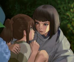 Rule 34 | 1boy, 1girl, blunt bangs, clenched hand, commentary, couple, day, english commentary, eye contact, from side, green shirt, han seung hee, highres, lips, looking at another, ogino chihiro, outdoors, parted lips, ponytail, profile, san (mononoke hime), sen to chihiro no kamikakushi, shirt, sunlight, teeth