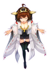 Rule 34 | 10s, 1girl, ahoge, boots, breasts, brown hair, detached sleeves, hairband, highres, japanese clothes, kantai collection, kongou (kancolle), long hair, mukka, nontraditional miko, one eye closed, personification, skirt, solo, thigh boots, thighhighs, wink
