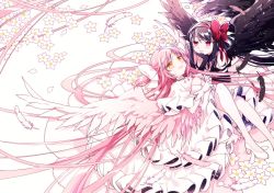 Rule 34 | 2girls, absurdly long hair, akemi homura, akuma homura, angel wings, arm support, ayumaru (art of life), bare shoulders, black feathers, black gloves, black hair, black wings, cleavage cutout, clothing cutout, commentary request, dot nose, dress, elbow gloves, facing viewer, feathered wings, feathers, flower, frilled dress, frilled sleeves, frills, gloves, hair ribbon, half-closed eyes, hands on own chest, happy, head rest, high heels, kaname madoka, knees together feet apart, layered dress, legs up, light blush, light particles, light smile, long dress, long hair, looking at another, looking down, looking up, lying, mahou shoujo madoka magica, mahou shoujo madoka magica: hangyaku no monogatari, multiple girls, on back, on stomach, parted lips, petals, pink feathers, pink hair, pink legwear, pink wings, purple eyes, red ribbon, ribbon, simple background, straight hair, two side up, ultimate madoka, very long hair, white background, white dress, white feathers, white flower, white footwear, white gloves, white ribbon, wide shot, wide sleeves, winged footwear, wings, yellow eyes