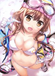 Rule 34 | 1girl, :d, absurdres, beanie, bikini, bikini under clothes, blush, boots, breasts, brown eyes, brown hair, cleavage, collarbone, foreshortening, from above, fur trim, gloves, goggles, goggles on head, hair over shoulder, hat, highres, lens flare, long hair, looking at viewer, low twintails, navel, open clothes, open mouth, scan, side-tie bikini bottom, smile, snowboard, solo, standing, string bikini, swimsuit, twintails, white bikini, white gloves, yan-yam