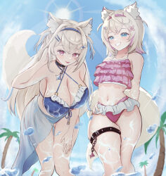Rule 34 | 2girls, absurdres, animal collar, animal ear fluff, animal ears, artist request, beach, belt, belt collar, bikini, black collar, blonde hair, blue bikini, blue brooch, blue eyes, blue hair, breasts, cleavage, collar, collarbone, colored inner animal ears, crystal horns, dog ears, dog girl, dog tail, frilled bikini, frills, fuwawa abyssgard, hair between eyes, hair ornament, hairband, hairpin, hand in own hair, headband, highres, hololive, hololive english, large breasts, long hair, looking at viewer, midriff, mococo abyssgard, multicolored hair, multiple girls, navel, open mouth, outdoors, palm leaf, palm tree, palms, pink belt, pink brooch, pink eyes, pink hair, pink hairband, pink headband, sarong, short hair, siblings, sisters, spiked collar, spikes, streaked hair, sun, swimsuit, tail, thigh belt, thigh strap, thighs, tree, twins, virtual youtuber, water, x hair ornament