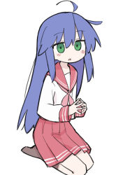 Rule 34 | 1girl, :o, ahoge, blue hair, blush, blush stickers, brown socks, double horizontal stripe, full body, fusazakura, green eyes, hair between eyes, highres, izumi konata, long hair, long sleeves, looking at viewer, lucky star, neckerchief, no nose, open mouth, own hands together, pink neckerchief, pleated skirt, red sailor collar, red skirt, ryouou school uniform, sailor collar, school uniform, seiza, shirt, sidelocks, simple background, sitting, skirt, socks, solo, straight hair, very long hair, white background, white shirt